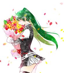  1girl ahoge asukawvm belt black_jacket black_order_uniform black_skirt black_thighhighs blush bouquet buttons closed_eyes collared_jacket commentary_request d.gray-man facing_object facing_to_the_side falling_petals floating_hair flower green_hair green_leaf hair_between_eyes holding holding_bouquet holding_flower horizontal-striped_belt jacket leaf lenalee_lee long_hair long_sleeves looking_down miniskirt petals pink_flower pink_petals profile red_flower red_petals red_ribbon ribbon sidelocks simple_background skirt smelling smelling_flower smile solo striped_belt striped_clothes striped_jacket striped_skirt thigh-highs thighs twintails upper_body vertical-striped_clothes vertical-striped_skirt very_long_hair white_background white_belt yellow_flower yellow_petals zettai_ryouiki 