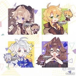  2boys 2girls :3 :d absurdres ahoge black_hat black_sweater blonde_hair blue_gloves brown_eyes brown_hair brown_jacket brown_necktie cheese chibi closed_mouth commission crossed_bangs double-parted_bangs fang fang_out fangs food food_on_face gloves green_eyes grey_hair hair_between_eyes hair_intakes hat highres holding holding_food holding_magnifying_glass jacket lapels long_hair looking_at_viewer magnifying_glass meimei_(wakamoid) mihuashi_username multiple_boys multiple_girls multiple_views necktie open_clothes open_jacket open_mouth original plaid_clothes plaid_lapels portrait smile sweater thank_you violet_eyes white_hair white_jacket yellow_eyes 