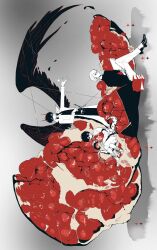  3boys bandaid bandaid_on_face black_eyes black_hair black_shirt black_wings coat crossed_legs demon_horns dual_persona feathered_wings food fruit full_body highres holding holding_sword holding_weapon horns hugging_object kim_dokja lee_hakhyun looking_at_viewer male_focus multiple_boys oldest_dream omniscient_reader's_viewpoint open_clothes open_coat outstretched_arm outstretched_arms oversized_food oversized_object pomegranate popped_collar puppet_strings scabbard sheath shirt short_hair sitting smile string sword tentacles twle weapon white_coat wings 