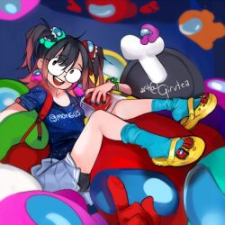  1girl amogus_girl among_us black_hair black_shorts blue_socks brown_hair character_ear_piercing character_hair_ornament clothes_writing commentary crewmate_(among_us) crocs english_commentary girutea glasses gradient_hair grey_skirt hair_ornament impostor_(among_us) jimiko long_hair multicolored_hair open_mouth original round_eyewear shirt shoes shorts shorts_under_skirt skirt socks teeth twintails twitter_username upper_teeth_only yellow_shoes 