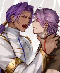  2boys angry bhima_(fate) commentary_request dark-skinned_male dark_skin duryodhana_(fate) facial_hair fate/grand_order fate_(series) goatee hair_tubes hand_on_another's_neck highres indian_clothes jacket long_hair male_focus multiple_boys open_mouth profile purple_hair shirt short_hair single_hair_tube strangling tokaoioi1 upper_body violet_eyes 