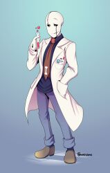  1boy 2019 2d aqua_background aqua_pants artist_name black_shirt bone_print brown_necktie brown_shoes coat commission digital_media full_body gradient_background gradient_pants grey_background hand_in_pocket holding holding_test_tube hollow_eyes humanoid lab_coat male male_focus male_only monster monster_boy name_tag necktie pants purple_pants scientist shirt shoes simple_background solo standing test_tube two-tone_background two-tone_pants undertale utdr_(toby_fox) w.d._gaster white_coat zwagyzonk 