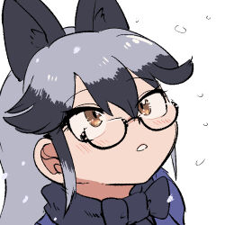  1girl :o alternate_eyewear animal_ears black_bow black_bowtie black_hair black_necktie blue_coat blush bow bowtie brown_eyes close-up coat extra_ears fox_ears fox_girl glasses grey_hair kemono_friends looking_up mcgunngu multicolored_hair necktie semi-rimless_eyewear silver_fox_(kemono_friends) solo 