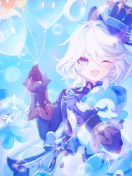  1girl ahoge asymmetrical_gloves balloon black_gloves blue_bow blue_eyes blue_gemstone blue_hat blue_pupils bow commentary drop-shaped_pupils furina_(genshin_impact) gem genshin_impact gentilhomme_usher gloves hair_between_eyes hands_up hat highres holding holding_balloon jacket long_sleeves looking_at_viewer medium_hair mismatched_gloves one_eye_closed open_mouth solo surintendante_chevalmarin symbol-shaped_pupils tansanlemon100 white_gloves white_hair 