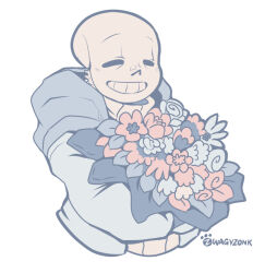  1boy 2020 2d aqua_theme artist_name border bouquet closed_eyes cropped_torso digital_media duo flower holding holding_bouquet holding_flower hood hood_down hooded_jacket humanoid jacket limited_palette male male_focus male_only monster monster_boy open_clothes open_jacket sans_(undertale) simple_background skeleton smile sweater teeth undead undertale utdr_(toby_fox) white_background white_border white_sweater zwagyzonk 
