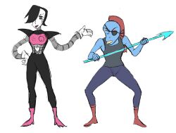  1boy 1girl 2019 2d androgynous android anthro black_eyepatch black_hair blue_skin boots colored_sclera crayon_shin-chan digital_media duo ear_fins eyepatch female fins fish fish_girl full_body gloves hair_over_one_eye head_fins high_heel_boots high_ponytail highres holding holding_polearm holding_spear holding_weapon humanoid humanoid_robot legs_apart long_hair male mettaton mettaton_ex monster monster_girl parody pauldrons polearm ponytail red_boots red_hair robot robot_boy seki_(vcyr2733) sharp_teeth short_hair simple_background slit_pupils spear standing style_parody teeth undertale undyne usui_yoshito_(style) utdr_(toby_fox) weapon white_background white_gloves yellow_sclera yellow_teeth 