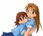  azumanga_daioh azumanga_daiou blush brown_eyes brown_hair glasses hug long_hair lowres mizuhara_koyomi multiple_girls school_uniform takino_tomo yuri 