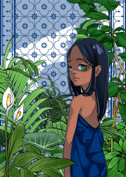  1girl absurdres bindi black_hair blue_dress commentary_request dark-skinned_female dark_skin dress flower garden green_eyes highres long_hair looking_at_viewer original parted_bangs plant solo spathiphyllum standing takoyaki-kogesugi16 tile_wall tiles upper_body white_flower 