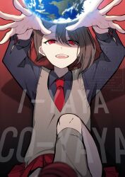  1boy :d arms_up black_shirt brown_hair carrie_(song) character_request check_character collared_shirt commentary_request crossdressing earth_(planet) grey_socks hair_between_eyes highres kagami_hayato long_sleeves male_focus necktie nekozuki_yuki nijisanji planet pleated_skirt red_eyes red_necktie red_shoes red_skirt shirt shoes skirt smile socks solo sweater_vest virtual_youtuber watermark 