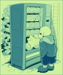  1boy 2019 2d animal annoying_dog aqua_background aqua_theme artist_name digital_media dog duo full_body hands_in_pockets hood hood_down hooded_jacket jacket limited_palette looking_at_animal male male_focus male_only plant sans_(undertale) shoes simple_background socks standing striped_shorts stuck tongue tongue_out undertale utdr_(toby_fox) vending_machine vertical-striped_clothes vertical-striped_shorts zwagyzonk 