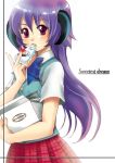  eating food fruit hanyuu higurashi_no_naku_koro_ni horns long_hair pastry purple_eyes purple_hair school_uniform strawberries strawberry sweets violet_eyes 