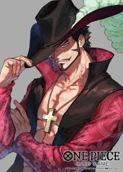  1boy abs beard black_hair closed_mouth commentary_request copyright_name cross_pendant dracule_mihawk facial_hair forked_eyebrows hat_feather high_collar makitoshi0316 male_focus mustache official_art one_piece one_piece_card_game ringed_eyes short_hair simple_background solo upper_body yellow_eyes 