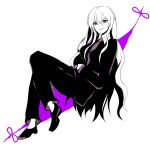  formal gap harano long_hair monochrome necktie pant_suit purple_eyes sitting solo spot_color suit touhou yakumo_yukari 