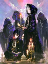  1boy 1girl 3others black_hair black_robe book book_stack candle dark_persona evil_smile female_robin_(fire_emblem) female_robin_(grima)_(fire_emblem) fire_emblem fire_emblem_awakening highres hood hood_up hooded_robe lkppp long_sleeves looking_at_viewer male_morgan_(fire_emblem) mother_and_son multiple_others red_eyes robe short_hair sitting smile standing 