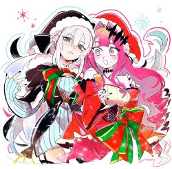  2girls baobhan_sith_(fate) blue_eyes blush bow commentary_request fate/grand_order fate_(series) grey_eyes hair_between_eyes hair_bow hat highres kuriimu0203 long_hair looking_at_viewer morgan_le_fay_(fate) mother_and_daughter multiple_girls nail_polish open_mouth pink_hair pointy_ears ponytail santa_hat simple_background very_long_hair white_background 