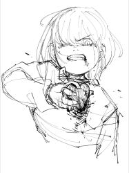  1other 2019 2d ambiguous_gender crying deltarune digital_media hair_over_eyes heart highres holding holding_heart horizontal-striped_clothes human kris_(deltarune) monochrome one_eye_closed other_focus seki_(vcyr2733) shirt short_hair simple_background solo soul_(deltarune) striped_clothes striped_shirt tears utdr_(toby_fox) white_background 