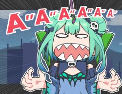  1girl aqua_hair black_border blue_bow blue_collar blue_dress blue_sleeves border bow brooch collar commentary_request cosplay detached_collar detached_sleeves double_bun dress emphasis_lines eva_01 eva_01_(cosplay) hair_bow hair_bun hair_ornament hololive jewelry juliet_sleeves kidoriyacats long_sleeves neon_genesis_evangelion outline pillarboxed puffy_sleeves sharp_teeth skull_hair_ornament solo sound_effects teeth uruha_rushia uruha_rushia_(1st_costume) virtual_youtuber white_outline wide_oval_eyes 