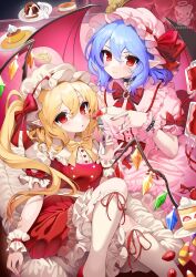  2girls bat_wings black_choker blonde_hair blood blood_bag bracelet brooch choker cross_pendant crystal_wings cup dress embodiment_of_scarlet_devil flandre_scarlet food fork frilled_dress frilled_sleeves frilled_socks frilled_wrist_cuffs frills hat hat_ribbon highres holding holding_cup holding_fork jewelry looking_at_viewer mob_cap multiple_girls pink_dress pink_hat pink_nails pointy_ears pudding puffy_short_sleeves puffy_sleeves red_eyes remilia_scarlet ribbon shianebulae short_hair short_sleeves siblings side_ponytail sisters smile socks spiked_bracelet spikes teacup touhou white_hat white_socks wings wrist_cuffs 
