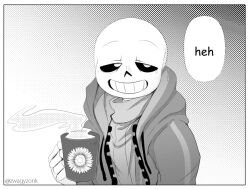  1boy 2018 2d artist_name blue_jacket border coffee comic_sans cup digital_media drink english_text floral_print greyscale half-closed_eyes holding holding_cup holding_drink hollow_eyes hood hood_down hooded_jacket humanoid jacket male male_focus male_only monochrome monster monster_boy mug open_clothes open_jacket sans_(undertale) screentones simple_background skeleton solo speech_bubble sweater teeth text turtleneck turtleneck_sweater undead undertale utdr_(toby_fox) white_background white_border zwagyzonk 