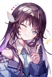  1girl absurdres aqua_bow aqua_bowtie armpit_crease blue_eyes blush bow bowtie collared_shirt feather_hair_ornament feathers hair_ornament head_tilt heart highres long_hair long_sleeves noripro one_eye_closed pipi_(pipinavigation) purple_hair shirt smile virtual_youtuber washu_asuka white_background 