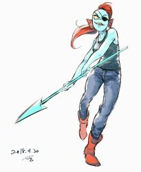  1girl 2018 2d anthro black_eyepatch black_tank_top blue_pants blue_skin boots colored_sclera colored_skin dated digital_media dynamic_pose ear_fins eyepatch female female_only fins fish fish_girl full_body head_fins high_ponytail holding holding_polearm holding_spear holding_weapon long_hair monster monster_girl pants polearm ponytail red_boots red_hair seki_(vcyr2733) sharp_teeth signature simple_background slit_pupils solo spear tank_top teeth undertale undyne utdr_(toby_fox) weapon white_background yellow_sclera yellow_teeth 