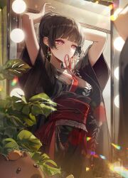  1girl absurdres alternate_costume arms_up black_hair black_kimono breasts capybara chisa_(wuthering_waves) commentary datsha earrings food fruit hair_ribbon hashtag-only_commentary highres indoors japanese_clothes jewelry kimono long_hair medium_breasts mole mole_under_eye mouth_hold namipon_(wuthering_waves) obi orange_(fruit) ponytail red_eyes red_ribbon red_sash reflection reflection_focus ribbon sash solo wide_sleeves wuthering_waves 