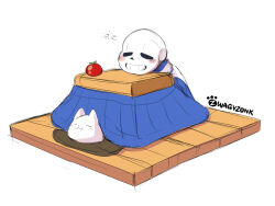  1boy 2020 2d animal annoying_dog artist_name blue_sweater blush_stickers closed_eyes digital_media duo fruit humanoid kotatsu male male_focus male_only monster monster_boy sans_(undertale) simple_background skeleton sketch sleeping solo sweater teeth tomato two-tone_clothes two-tone_sweater undead undertale utdr_(toby_fox) white_background white_dog white_sweater zwagyzonk zzz 