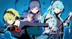  3girls aigis_(persona) animal_ears black_jacket black_skirt blonde_hair blue_eyes blue_hair blue_shirt bow bowtie cat_ears closed_mouth coat collared_shirt commentary commission cowboy_shot crossover dress_shirt eiyuu_densetsu english_commentary fake_animal_ears fire_emblem fire_emblem:_path_of_radiance gekkoukan_high_school_uniform green_shirt half-closed_eyes ilyana_(fire_emblem) jacket long_sleeves looking_to_the_side multiple_crossover multiple_girls nakano_maru persona persona_3 persona_3_reload purple_hair red_bow red_bowtie school_uniform sen_no_kiseki_(series) shirt short_hair skeb_commission skirt smile tio_plato white_coat white_shirt yellow_eyes 