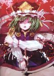 absurdres artist_request blue_eyes bow brush cherry_blossoms flower green_hair hat higanbana highres long_sleeves open_mouth ribbon rod_of_remorse scan scan_artifacts scroll shikieiki_yamaxanadu skirt solo spider_lily touhou wink writing 