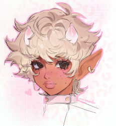  1girl aegyo_sal animal_print antenna_hair artist_name blonde_hair brown_eyes closed_mouth commentary cone_horns cropped_head dark-skinned_female dark_skin ear_piercing earrings elf eyelashes fang fluffy_hair gold_earrings gradient_horns halftone heart highres hoop_earrings horns jewelry leopard_print light_blush looking_to_the_side mole mole_on_cheek mole_on_nose mole_under_eye multicolored_horns multiple_moles noisykoala original outline piercing pink_background pink_horns pink_outline pink_theme pixie_cut pointy_ears print_background short_eyebrows sketch symbol-only_commentary thick_eyebrows thick_lips two-tone_background white_background white_horns 