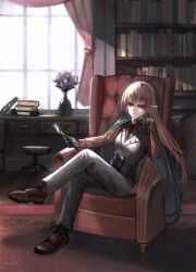  alternate_costume alternate_eye_color arisa_(shadowverse) arrow_(projectile) blonde_hair book book_stack bookshelf breasts chair corruption cosplay crossed_legs curtains dark_persona elf evil_smile eye_color_switch flower gangplankkegs gloves hand_on_own_cheek hand_on_own_face highres iceschillendrig_(shadowverse) jacket jacket_on_shoulders long_hair looking_to_the_side open_clothes open_jacket pants pointy_ears possessed shadowverse shoes sitting smile spoilers suit vase very_long_hair window window_light 