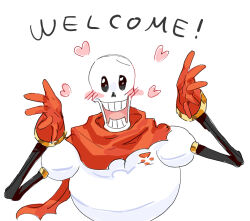  1boy 2022 2d armor arms_up blush cape digital_media english_text gloves heart humanoid male male_focus male_only monster monster_boy open_hands papyrus_(undertale) portrait red_cape red_gloves sakito_(mg_1016) simple_background skeleton solo teeth text undead undertale upper_body utdr_(toby_fox) white_armor white_background 