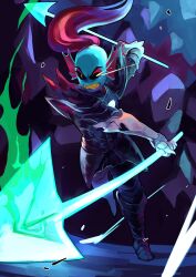  1girl 2018 2d alternate_form anthro armor attacking black_eyepatch black_sclera blue_skin breastplate cave colored_sclera digital_media dual_wielding dynamic_pose ear_fins eyepatch female female_only fins fish fish_girl floating_hair full_body gauntlets genocide_route_(undertale) head_fins high_ponytail highres holding holding_polearm holding_spear holding_weapon long_hair monster monster_girl polearm ponytail red_hair seki_(vcyr2733) sharp_teeth slit_pupils solo spear teeth undertale undyne undyne_the_undying utdr_(toby_fox) weapon white_pupils yellow_sclera yellow_teeth 