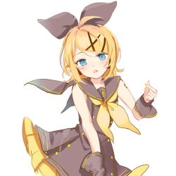  1girl ahoge aqua_eyes black_bow black_dress black_sailor_collar black_wrist_cuffs blonde_hair blue_eyes bow buttons double-breasted dress fang finger_heart hair_bow hair_ornament hairclip headphones highres kagamine_rin kagamine_rin_(sour_model) looking_at_viewer neckerchief oyamada_gamata sailor_collar sailor_dress sketch skin_fang skirt_under_dress sleeveless sleeveless_dress solo sour_model_(mikumikudance) swept_bangs treble_clef vocaloid wrist_cuffs yellow_nails yellow_neckerchief 