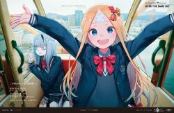  2girls abigail_williams_(fate) bandaid bandaid_on_face bandaid_on_forehead blonde_hair blue_eyes blue_jacket blush breasts crossed_bandaids fate/grand_order fate_(series) ferris_wheel_interior forehead highres horns jacket kuroboshi_kouhaku lavinia_whateley_(fate) long_hair long_sleeves looking_at_viewer multiple_girls official_art open_mouth parted_bangs single_horn small_breasts smile violet_eyes white_hair wide-eyed 