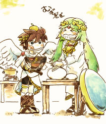  >_< 1boy 1girl alternate_costume angel angel_wings bowl brown_hair circlet commentary_request cooking_pot food food_on_head fruit full_body green_hair holding holding_bowl holding_knife kid_icarus kid_icarus_uprising knife mandarin_orange mochi object_on_head palutena pit_(kid_icarus) shield standing tongue tongue_out wings zeppann 