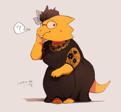  1girl 2019 2d ? alphys alternate_costume anthro barefoot black_dress black_hat buck_teeth colored_skin dated digital_media dinosaur dinosaur_girl dress female female_only full_body glasses hat highres lizard lizard_girl lizard_tail monster monster_girl reptile reptile_girl reptile_tail scalie see-through_sleeves see_through seki_(vcyr2733) signature simple_background solo spoken_question_mark standing sweat tail teeth undertale utdr_(toby_fox) yellow_background yellow_skin 