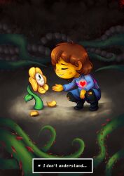 1boy 1other 2016 2d ambiguous_gender artist_name black_background black_boots black_pantyhose blue_shorts blue_sweater boots brown_hair c-puff child crying digital_media double_horizontal_stripe duo flower flowey_(undertale) frisk_(undertale) horizontal-striped_clothes human male pantyhose pink_stripes plant short_hair shorts signature simple_background squatting striped_clothes striped_sweater sweater tears torn_clothes torn_pantyhose torn_sweater two-tone_sweater undertale utdr_(toby_fox) yellow_flower 
