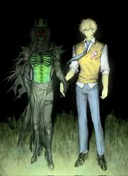  1boy 1other 1x1x1x1_(roblox) armor armored_boots black_armor black_boots black_cape black_gauntlets black_hair black_skin blonde_hair blue_necktie blue_pants boots cape colored_sclera colored_skin crown daddyxxxk dominoes forsaken_(roblox) full_body glasses green_crown green_skin hashtag-only_commentary highres john_doe_(roblox) long_hair looking_at_viewer necktie pants red_sclera ribs roblox see-through_body skeleton sweater_vest very_long_hair yellow_skin yellow_sweater_vest 