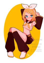  1girl aqua_eyes arm_up bare_shoulders belt blonde_hair bow brown_leg_warmers brown_sailor_collar brown_shorts brown_sleeves crop_top eyelashes hair_bow hair_ornament hairclip hashtag-only_commentary headphones headset highres kagamine_rin leg_warmers looking_at_viewer medium_hair narrow_waist neckerchief number_tattoo orange_belt sailor_collar shirt shorts shoulder_tattoo sitting sleeveless sleeveless_shirt smile solo stretching swept_bangs tattoo treble_clef vocaloid white_bow yellow_neckerchief yorita_genyu 