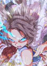  1girl animal_ears asymmetrical_clothes asymmetrical_pants blue_eyes brown_hair clothes_around_waist commentary_request denim eye_trail fur-trimmed_jacket fur_trim glowing glowing_eyes hair_between_eyes highres horse_ears horse_girl jacket jacket_around_waist jeans leaning_forward light_trail long_sleeves looking_at_viewer narita_taishin_(nevertheless)_(umamusume) narita_taishin_(umamusume) open_mouth pants pink_jacket running short_hair single_pantsleg solo sweat torn_clothes torn_jeans torn_pants umamusume zukki_(bijitaru) 