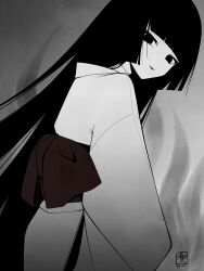  1girl black_eyes black_hair blunt_bangs breasts commentary_request eyeliner fate/grand_order fate_(series) greyscale highres japanese_clothes kimono komahime_(fate) long_hair long_sleeves looking_at_viewer looking_back makeup monochrome sash small_breasts smile solo spot_color very_long_hair wagu_neru wide_sleeves 