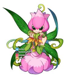  1girl :3 bare_shoulders cowboy_shot detached_sleeves digimon digimon_(creature) dress fairy_wings green_hair green_sleeves green_wings highres lilimon long_hair multiple_wings pink_dress plant_hair simple_background solo white_background wings youzaiyouzai112 