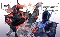  2boys armor black_gloves black_jacket black_nails blue_shirt buttons collared_shirt dark-skinned_male dark_skin electric_guitar english_text gloves guitar hands_up heart helmet highres horns hyperlaser_(phighting!) instrument jacket katana_(phighting!) leather leather_jacket multiple_boys namdam096 pauldrons phighting! red_horns roblox shirt shoulder_armor simple_background speech_bubble spiked_pauldrons spikes white_background 