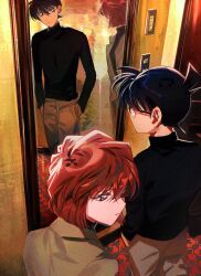  1boy 1girl black_hair black_shirt brown_hair brown_jacket brown_pants different_reflection edogawa_conan full-length_mirror glasses haibara_ai hands_in_pockets highres indoors jacket kudou_shin'ichi looking_at_mirror meitantei_conan mirror miyano_shiho pants reflection segami shirt short_hair 