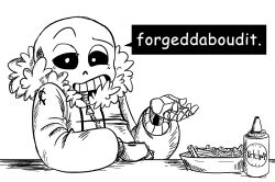  1boy 2015 2d arm_rest blue_jacket bottle bowl comic_sans commentary digital_media english_commentary english_text food french_fries fur-trimmed_jacket fur_trim hollow_eyes humanoid jacket ketchup_bottle male male_focus male_only monochrome monster monster_boy sans_(undertale) simple_background skeleton solo speech_bubble teeth text toono undead undertale upper_body utdr_(toby_fox) white_background zipper 