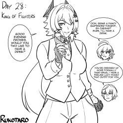 1boy alternate_costume belle_(zenless_zone_zero) caesar_king_(zenless_zone_zero) king_(snk)_(cosplay) king_of_fighters long_hair multiple_girls rukotaro short_hair tomboy wine_glass wise_(zenless_zone_zero) zenless_zone_zero