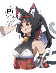  1girl absurdres animal_ears barcode barcode_scanner barcode_tattoo black_hair caseee999 cat_ears cat_tail commentary_request disembodied_hand highres multiple_tails nekomiya_mana red_eyes tail tattoo two_tails zenless_zone_zero 