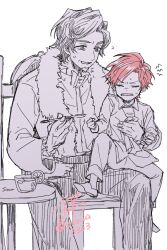  2boys aged_down beard cale_henituse chair cup deruth_henituse facial_hair father_and_son food fruit fur_trim goatee highres lemon lemon_slice lout_of_count's_family male_focus multiple_boys orange_(fruit) orange_slice osewa6363 red_hair short_hair sitting sitting_on_lap sitting_on_person spoon white_background 