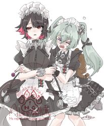  >_< 2girls animal_bag bear_bag black_dress black_hair breasts candy colored_inner_hair commentary_request corin_wickes cowboy_shot crossed_arms dress ellen_joe facing_viewer fins fish_tail food green_hair hair_between_eyes hair_ornament holding holding_candy holding_food holding_lollipop lollipop long_hair maid maid_headdress mole mole_under_eye multicolored_hair multiple_girls odangocake open_mouth red_eyes red_hair red_nails screw_hair_ornament shark_girl shark_tail sharp_teeth signature simple_background tail teeth twintails two-tone_hair white_background zenless_zone_zero 